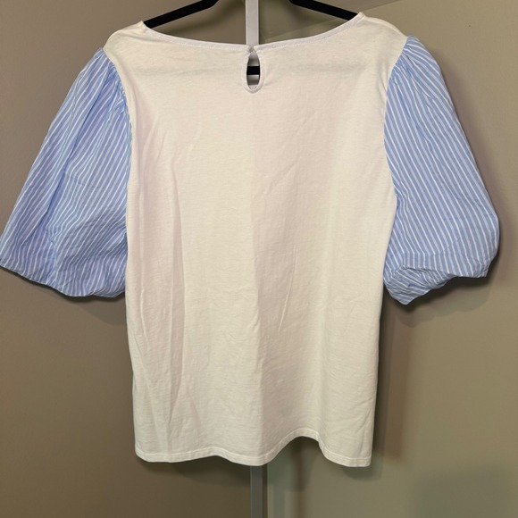 Talbots Women's White T-Shirt‎ with Blue Striped Puff Sleeves Size XL - Picture 2 of 5